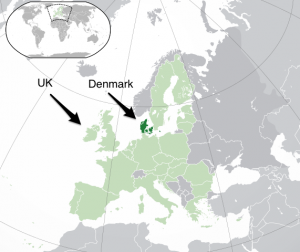 map of Europe highlighting the UK and Denmark