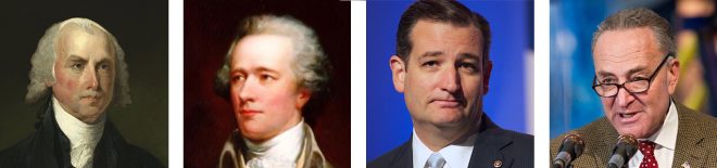 photo of Left to Right: James Madison, Alexander Hamilton, Sen. Ted Cruz (R-Texas), Sen. Chuck Schumer (D-New York). 