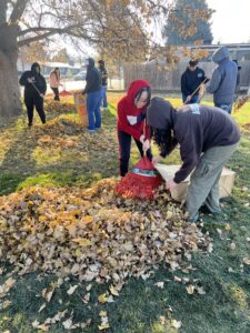 TRIO UB students raking and bagging leaves for Rake Up Nampa.