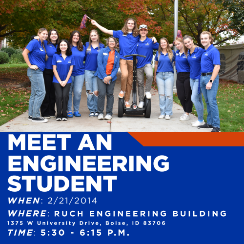 Graphic for the College of Engineering Meet a Engineering Student event featuring the student Ambassadors and Dean Lighty.