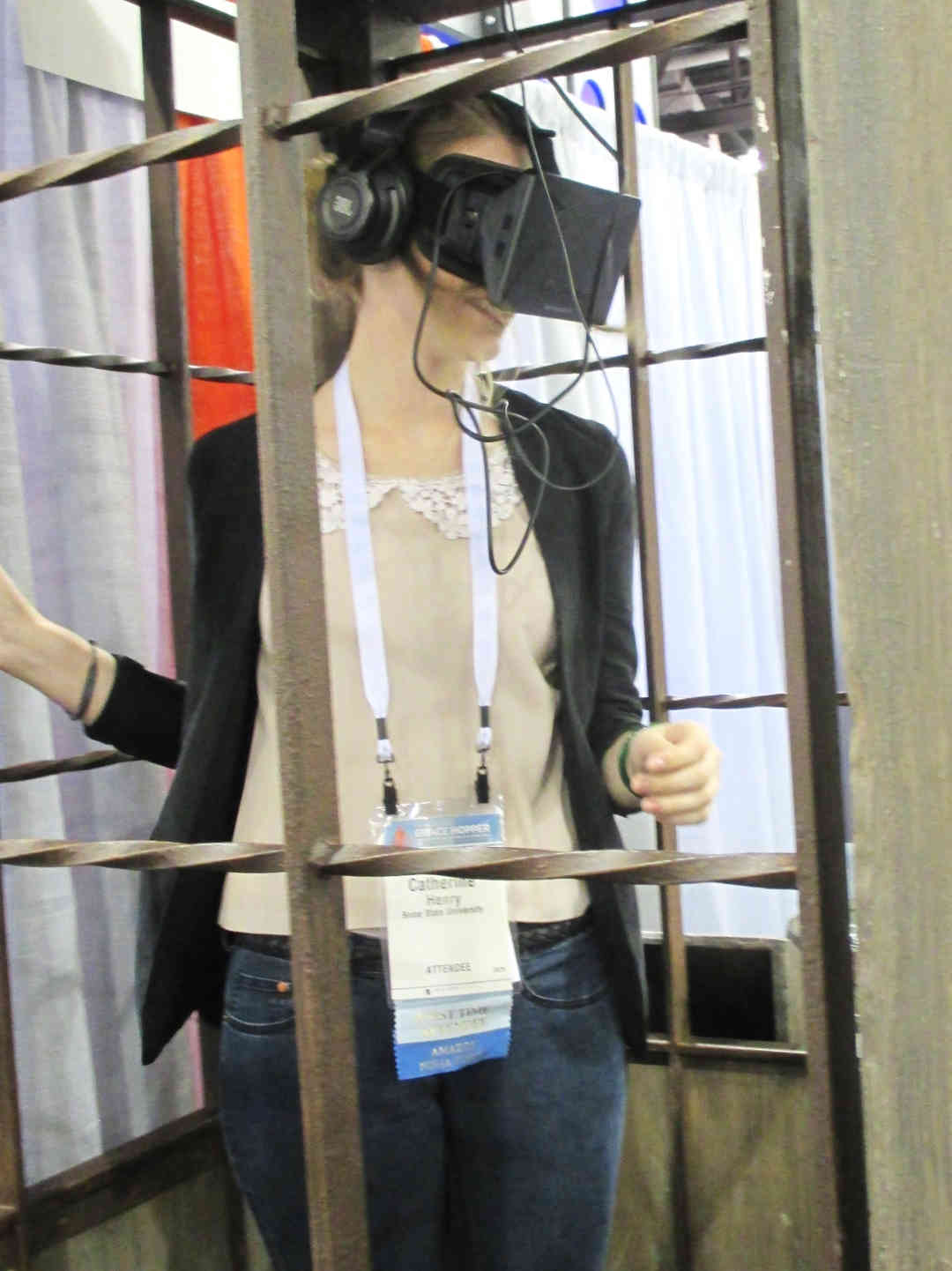 Person looking down into virtual reality headset