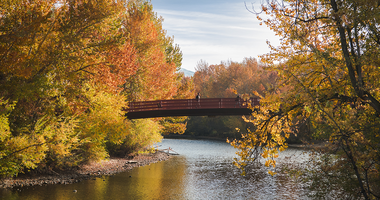Person walks over Friendship bridge in the fall