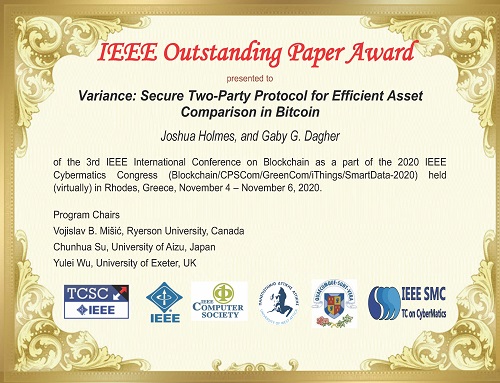 Digital scanned copy of Best Paper award certificate presented to Joshua and Dr. Dagher