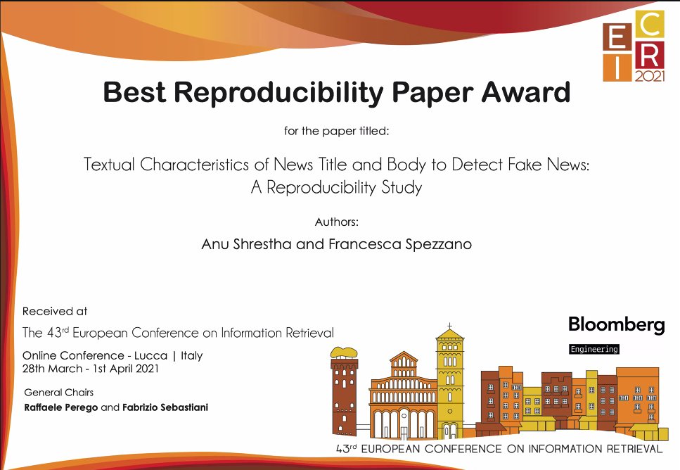 Digital award certificate for Best Reproducibility Paper Award