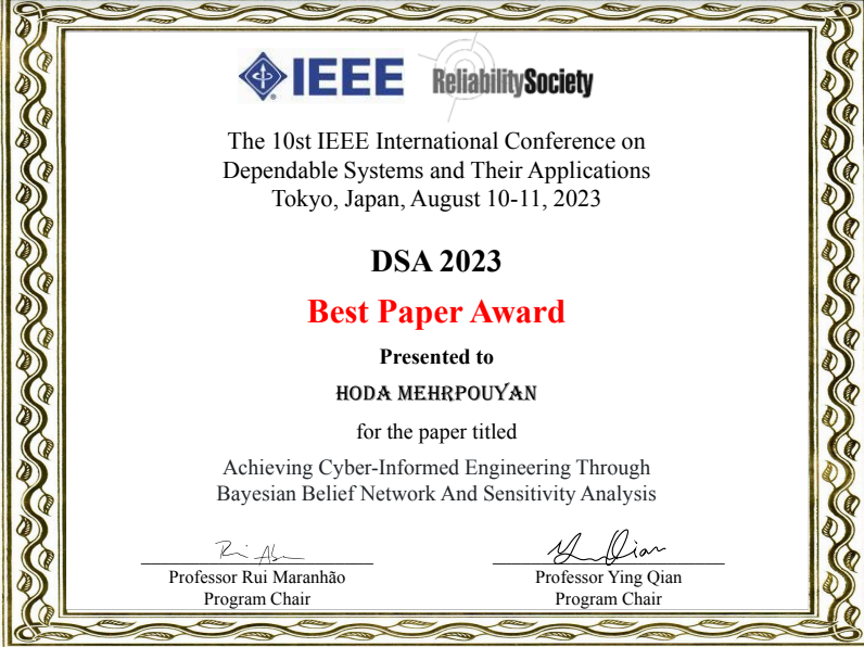 Photo of the DSA best paper award certificate