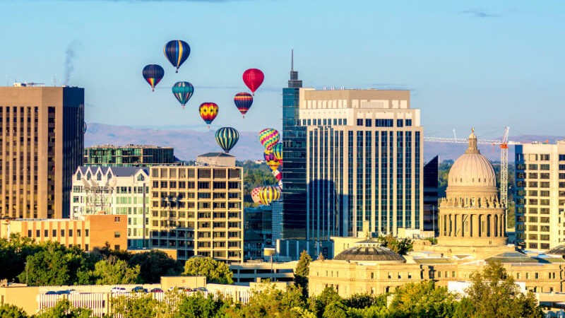 downtown Boise with hot air balloons