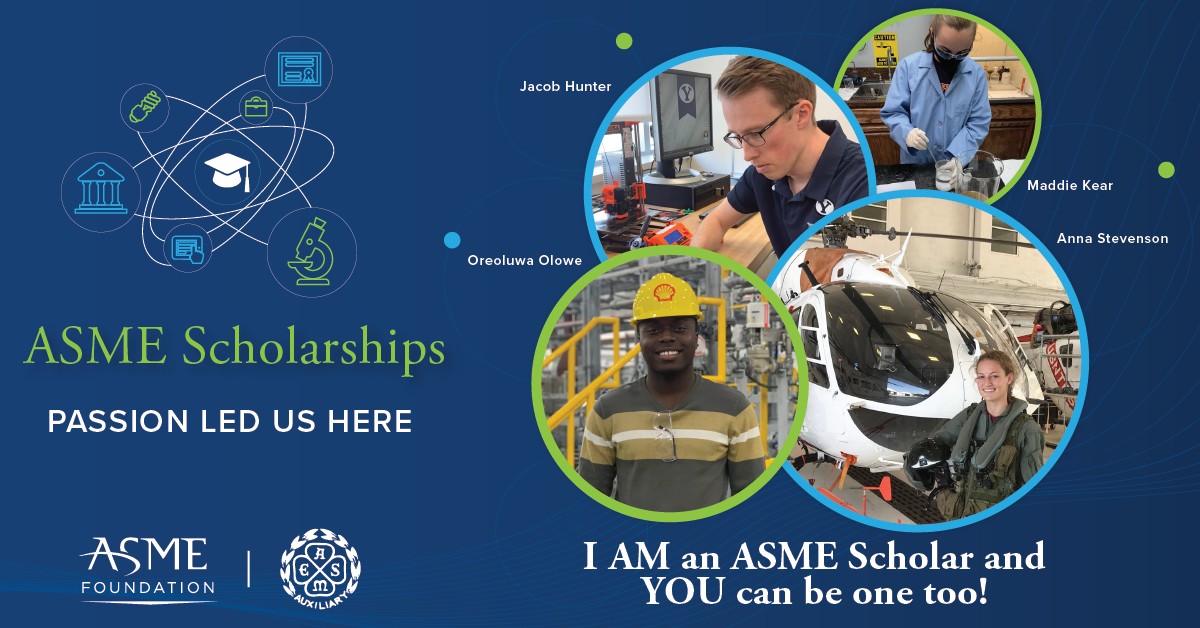 ASME Scholarships poster with students Jacob Hunter, Maddie Kear, Anna Stevenson, and Oreoluwa Olowe