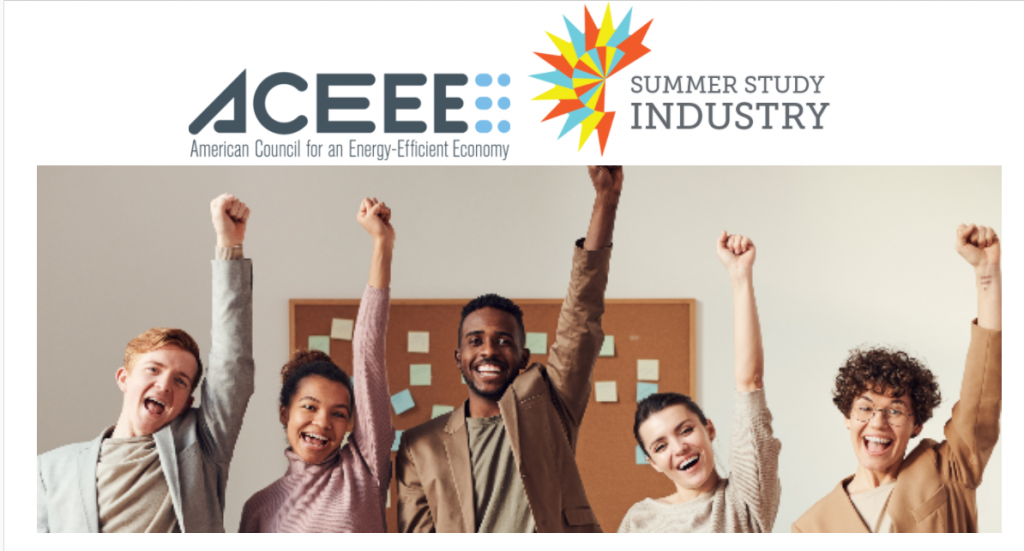 People raising their hands with ACEEE logo