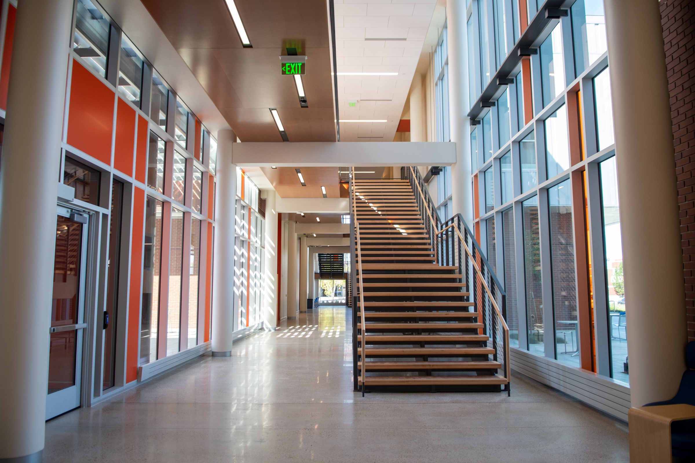 Interior of the Micron Center for Materials Research with main staircase