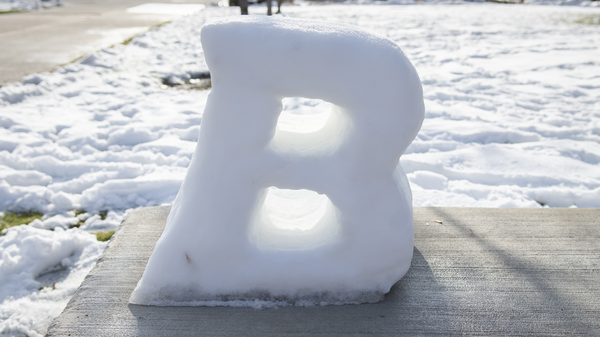 Snow sculpture of the Boise State B logo