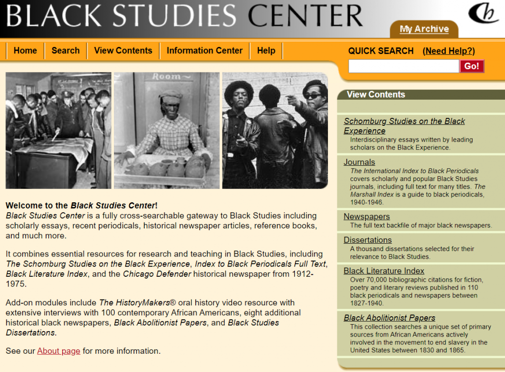 Screenshot of Black Studies Database