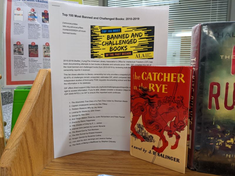 Color photo of handout with a print copy of the book The Catcher and the Rye by J.D. Salinger
