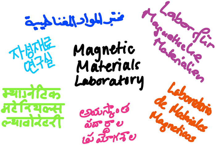 Magnetic Materials Laboratory, handwritten in English and six other languages