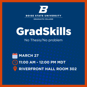 Blue figure with orange outline, with the flying be at the top center. 
From top to bottom it reads: 
"Boise State University Graduate College" "GradSkills – No Thesis/No Problem" 
(Calendar graphic) "March 27" 
(Clock graphic) "11:00 PM - 12:00 PM MDT" 
(Location Pin Graphic) "Riverfront Hall Room 302"