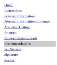 Graduate application navigation menu showing Recommendations link highlighted.