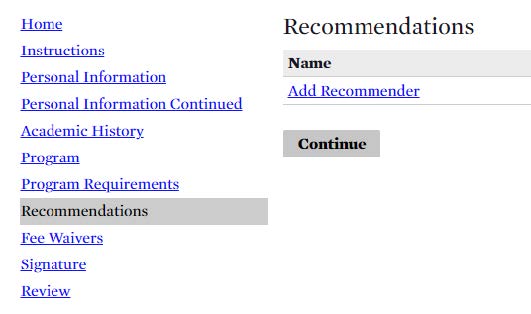 Graduate application navigation menu showing Recommendations link highlighted.