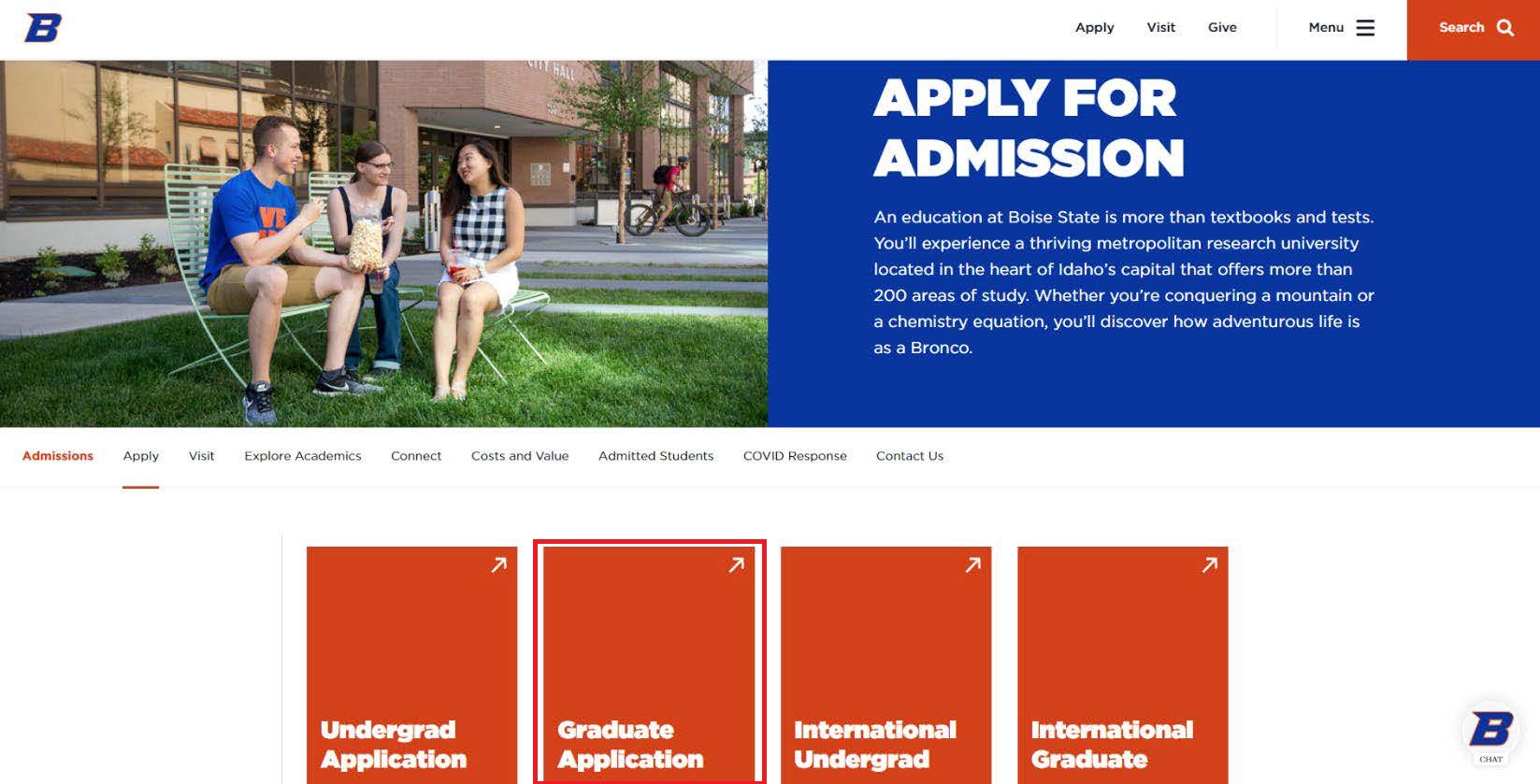 Boise State homepage highlighting Graduate Application link.