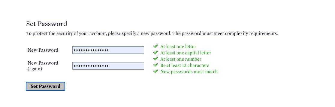 Set password field showing approved password.