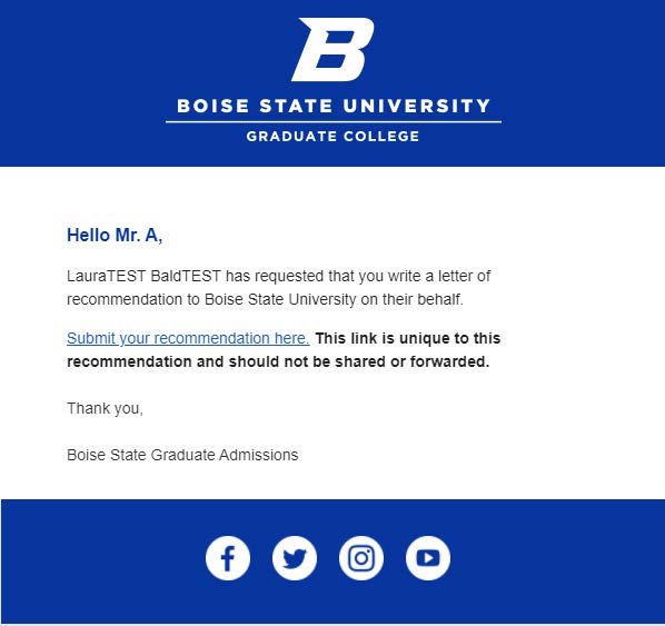 Email from Boise State showing recommendation link.