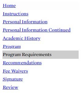 Application navigation menu highlighting Program Requirements.