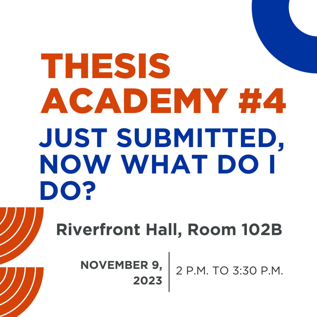 The graphic reads, "Thesis Academy #4 Just Submitted Now What Do I Do? in Riverfront Hall Room 102B on November 9, 2023, from 2 p.m. to 3:30 p.m."
