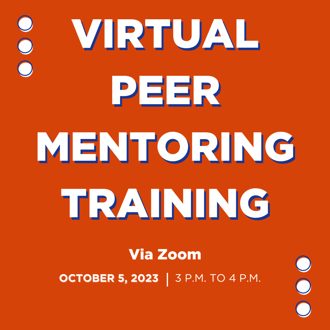 The graphic reads, "Virtual Peer Mentoring Training Via Zoom on October 5, 2023, from 3 p.m. to 4 p.m."