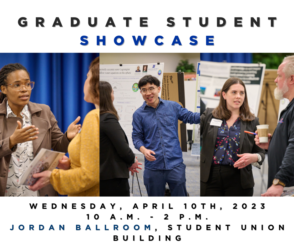 The graphic reads, "Graduate student showcase on Wednesday, April 10th, 2023, from 10 a.m. to 2 p.m. in the Jordan Ballroom, Student Union Building".