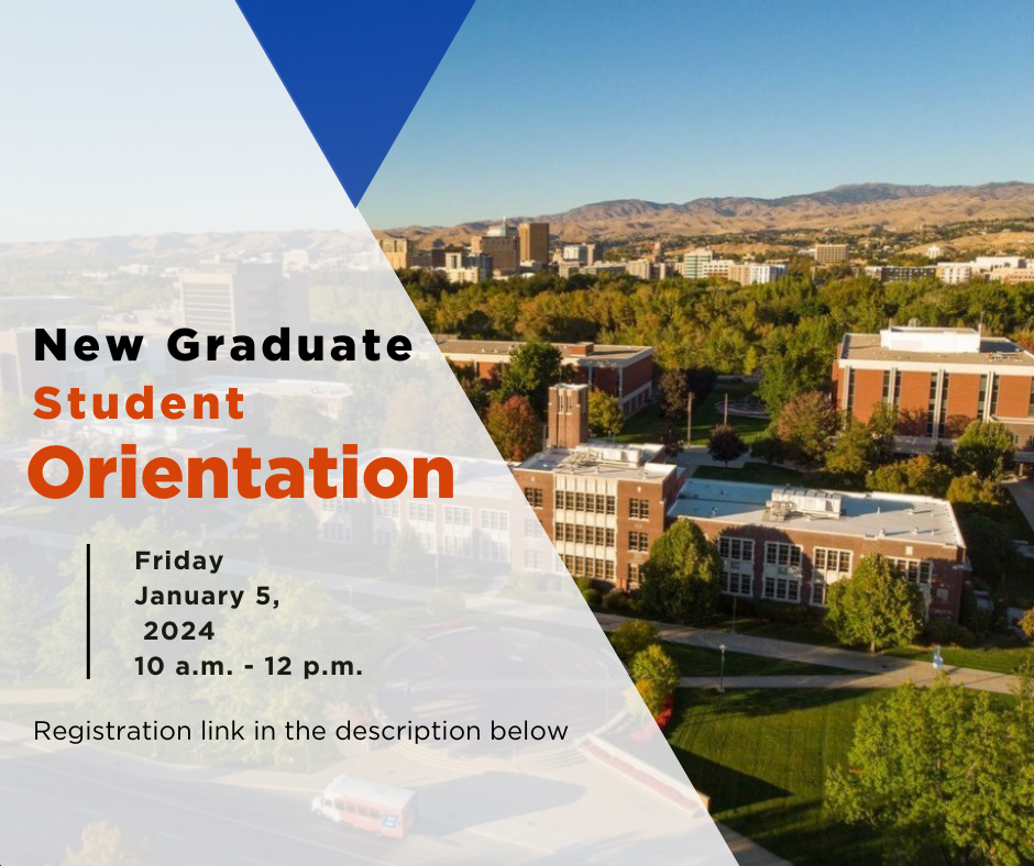 The graphic reads, "New Graduate Student Orientation on Friday, January 5, 2024, from 10 am to 12 pm. Registration link in the description below."