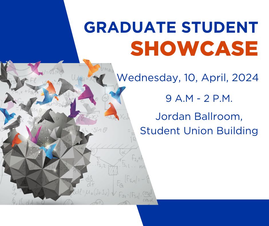 The graphic reads, "Graduate Student Showcase on Wednesday 10, April 2024, from 9 am to 2 pm at Jordan Ballroom, Student Union Building".