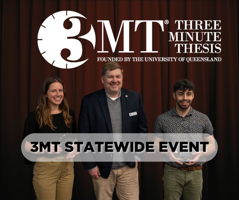 The graphic reads, "3MT, Three Minute Thesis Founded by the Uninversity of Queensland, 3MT Statewide Event."