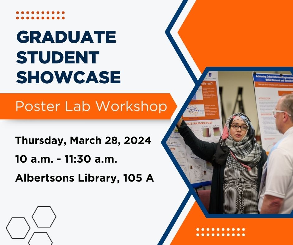 The graphic reads," Graduate Student Showcase - Poster Lab Workshop on Thursday, March 29, 2024 from 10 a.m. to 11:30 a.m. at Albertsons Library, 105A."