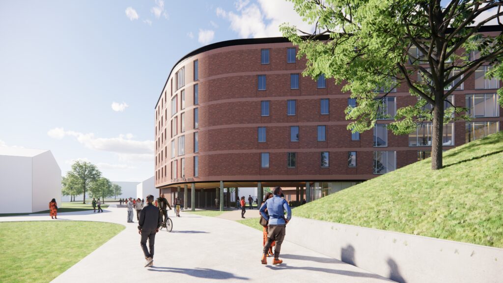 Rendering of the new residence hall from Theatre Lane.