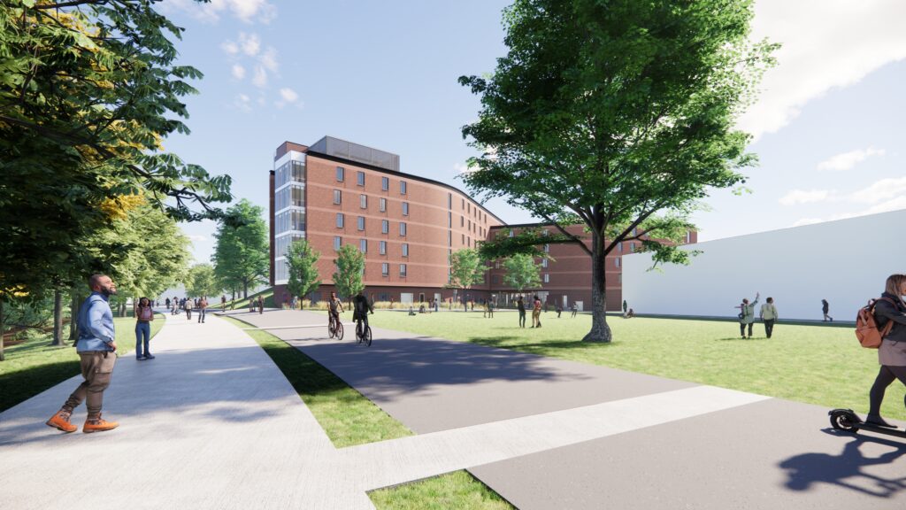 Rendering of the new residence hall from the Greenbelt.