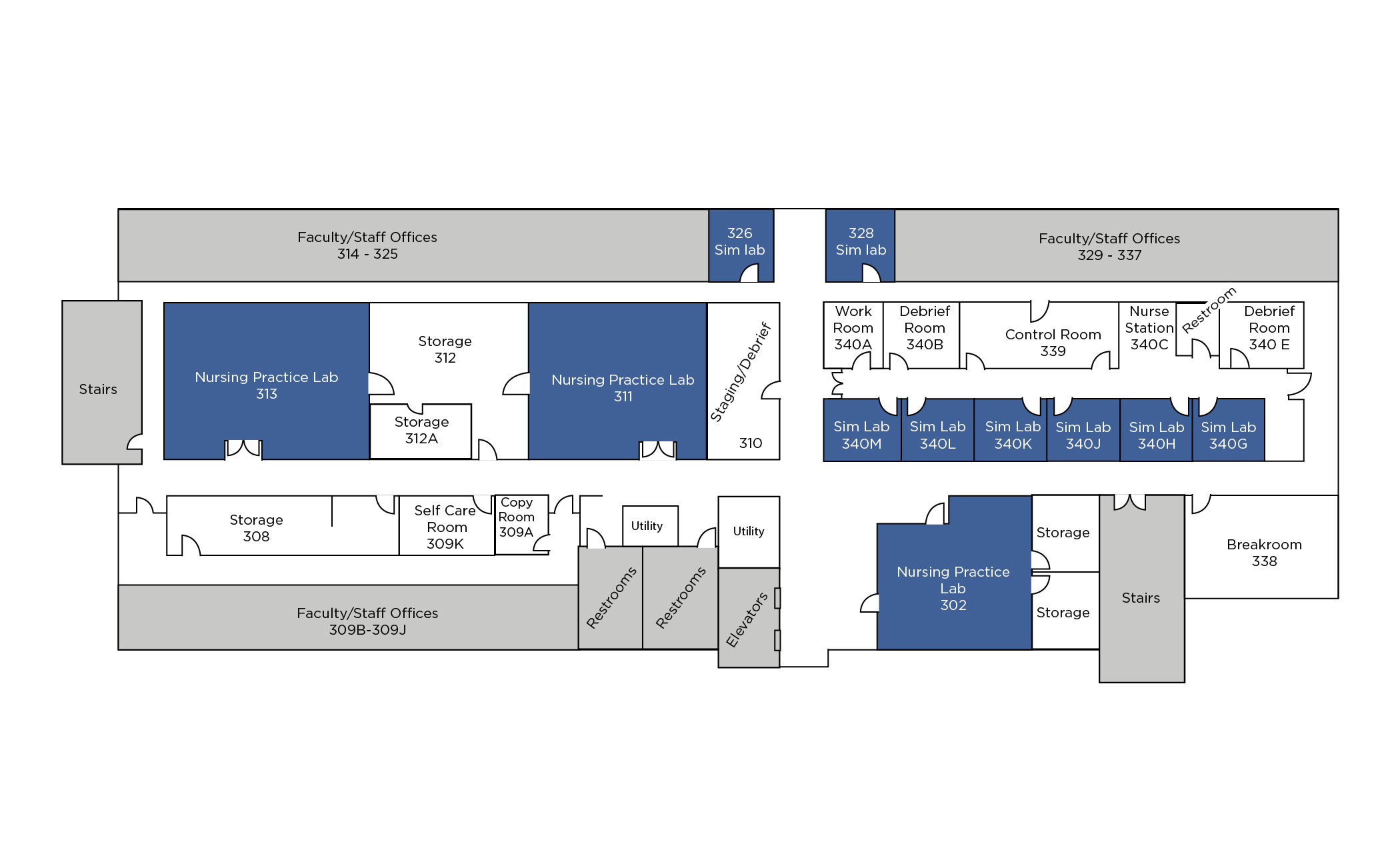 A map of the 3rd floor of the NORCO building highlighting the 11 simulation lab rooms in blue.