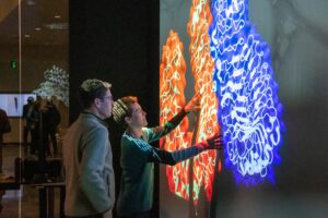 BASH visitors interacting with the 3D chemical structure touchscreen displays in the Boise State Luminary
