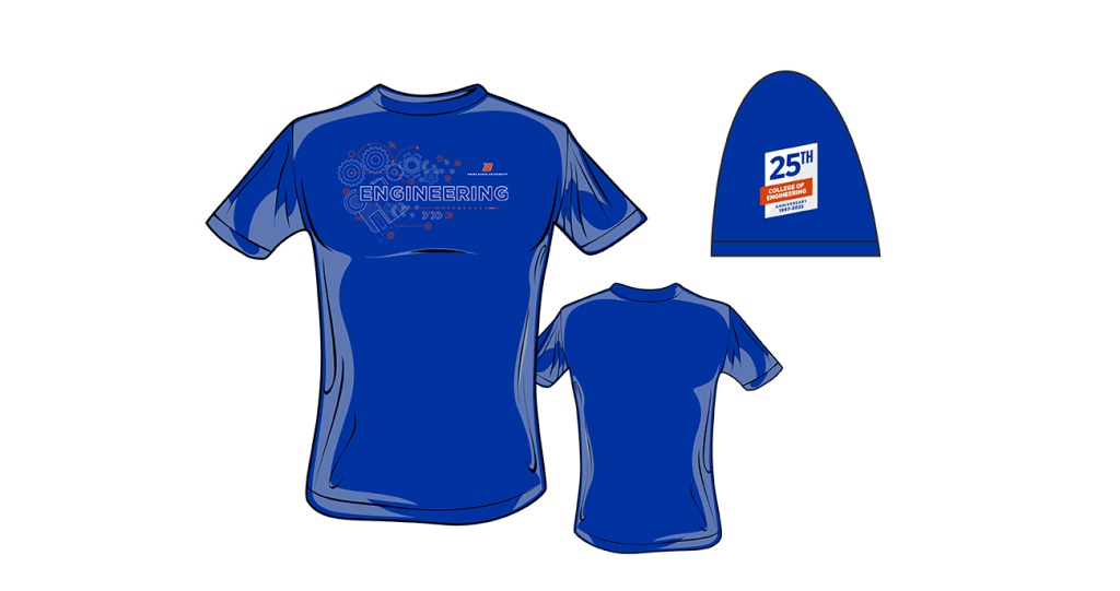 Illustration of a blue T-shirt with a creative design on the front chest and the anniversary graphic on the sleeve.