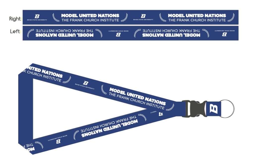 An image of a blue lanyard design for the Model United Nations program.