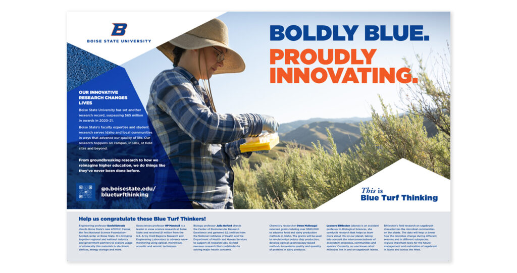An image of a Boise State innovation brochure featuring a female researcher working in a sagebrush field. Main headline reads 