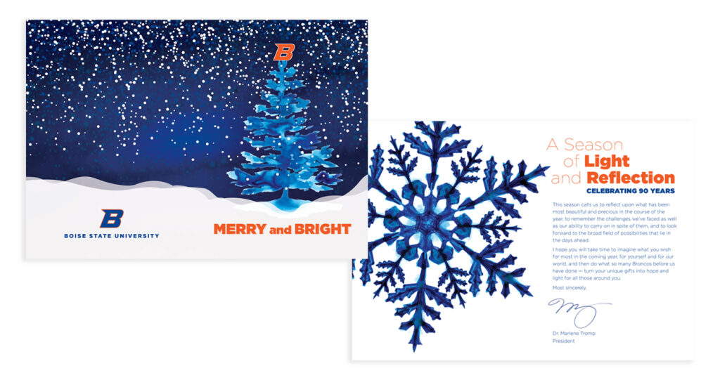 An image of a holiday greeting card with Boise State branding and a holiday tree that reads 