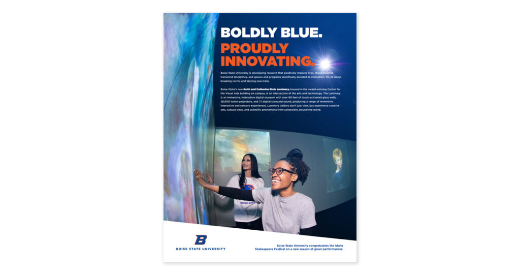 An image of a Boise State innovation brochure featuring students interacting with the Stein Luminary. Headline reads 