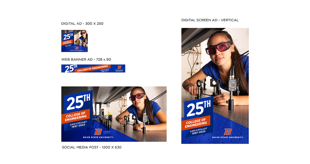 Image shows four examples of website and social media ads using the anniversary graphic and featuring a student in the laser lab.