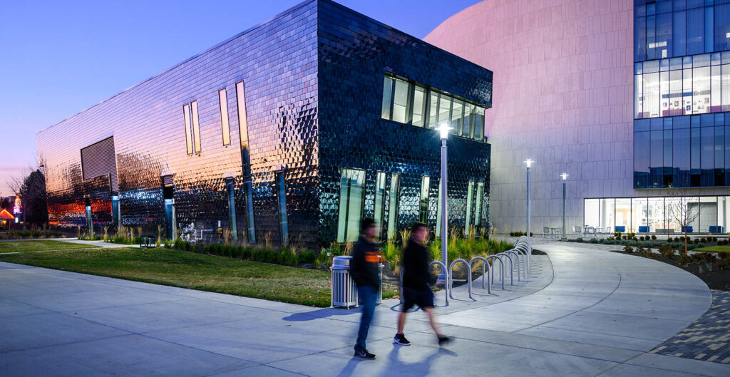 Center for Visual Arts building at twilight