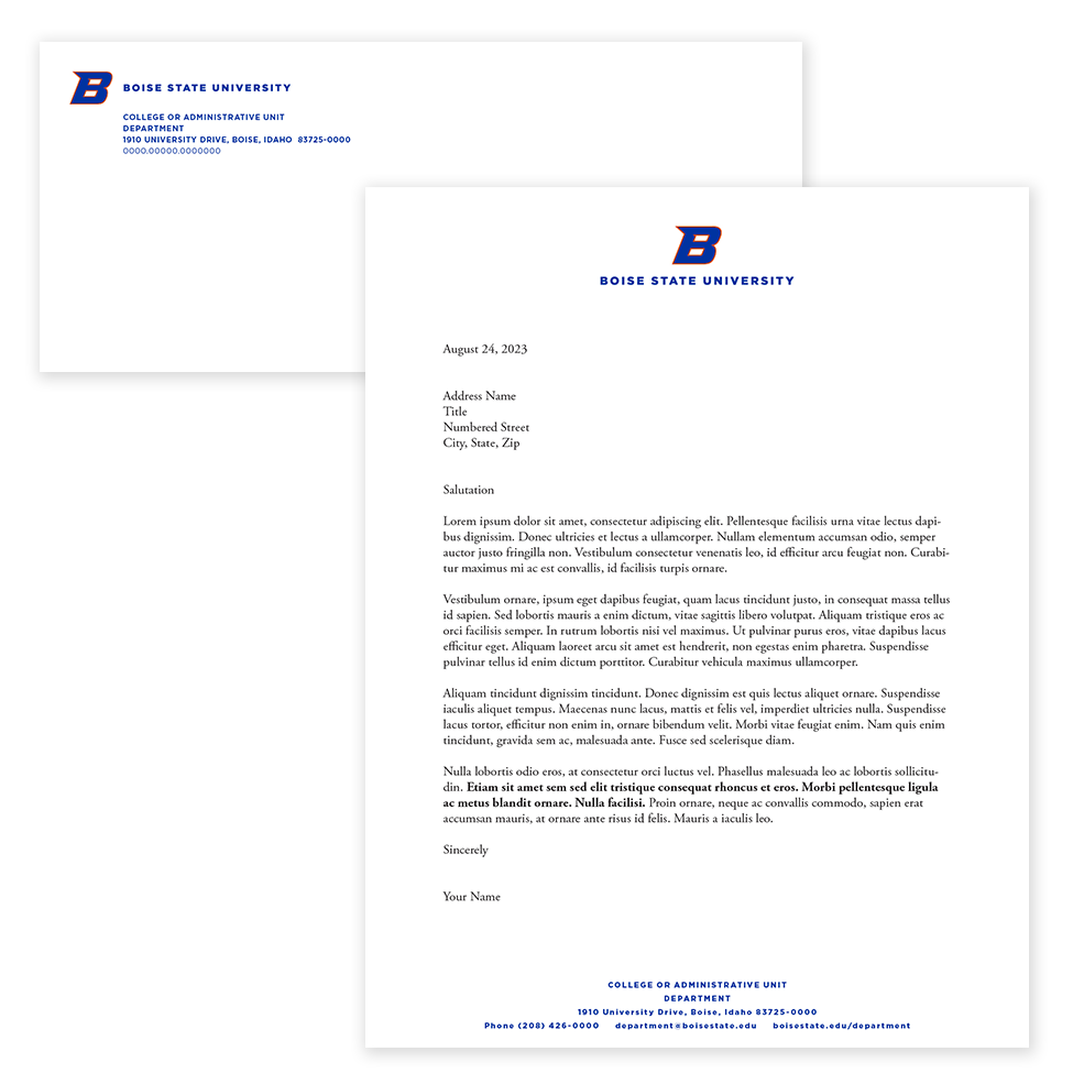 Image shows examples of the Boise State University envelope return address and letterhead formats mocked up to look like stationery.