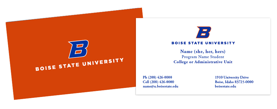 Image shows the orange back with university signature logo and the front of a student business card template.