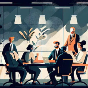 AI-generated image of people meeting at conference table