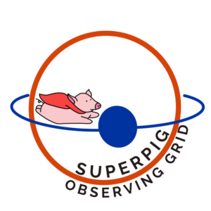 A logo where pig with a cape flys along an exoplanet transit with the words: Superpig Observing Grid.