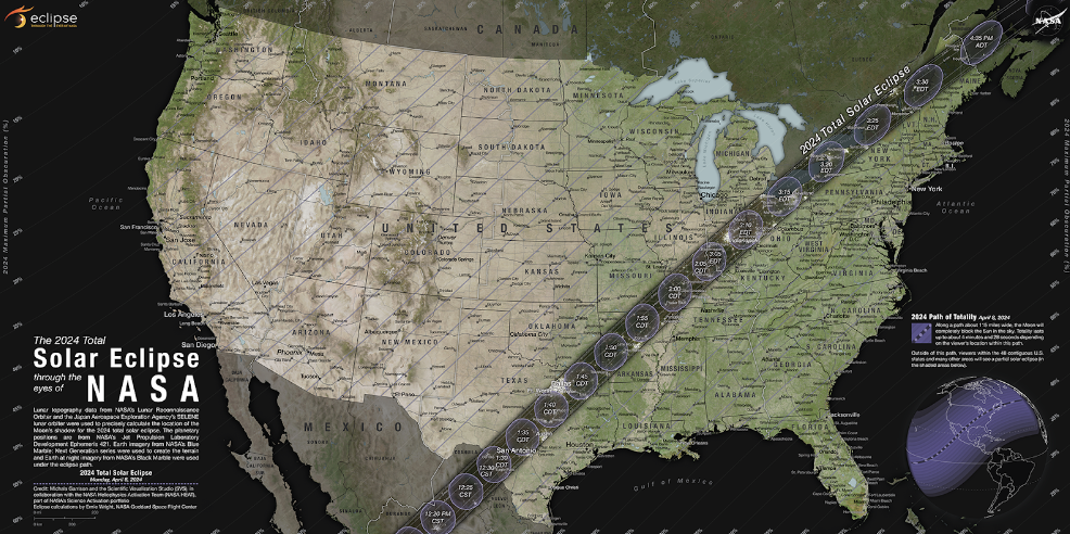Map of the 2024 solar eclipse path crossing over the U.S.