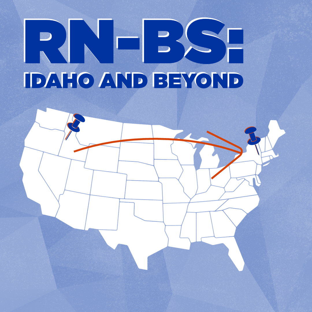Graphic of the continental USA with two pushpins in it on opposite sides. Above it reads "RN-BS: Idaho and beyond".