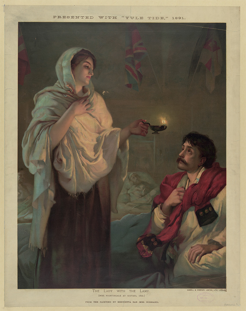 A woman draped in a cream shawl and holding an oil lamp stands by the bed of a mustached soldier with a red coat tied around his shoulders. the caption reads: The Lady With The Lamp (Miss Nightingale at Scutari, 1854) From the painting by Henrietta Rae (Mrs. Normand)