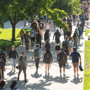 Students walking on campus in the sun